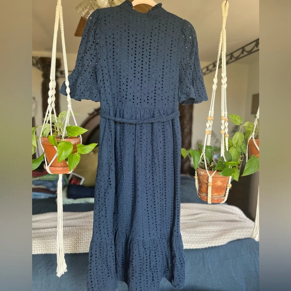 Navy Blue Cotton Eyelet Midi Dress - Picture 4 of 8